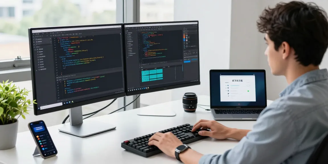 Developer programming on dual monitors in a modern office, featuring the 纸飞机中文版 app interface.