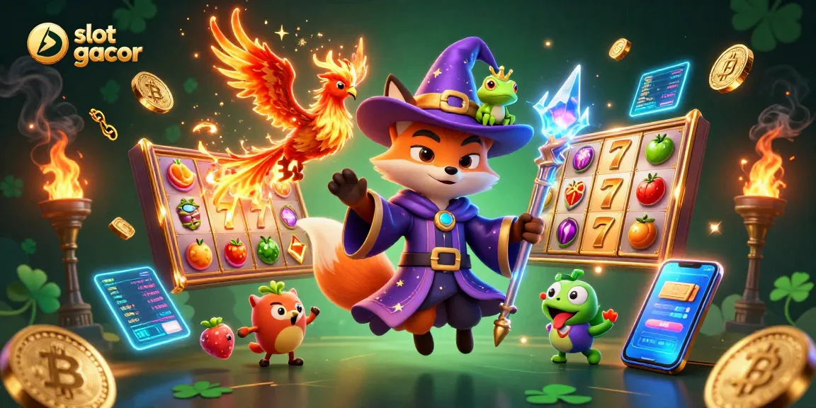 Experience thrilling action at slot gacor, featuring a mystical wizard fox, phoenix, and animated slot game elements.