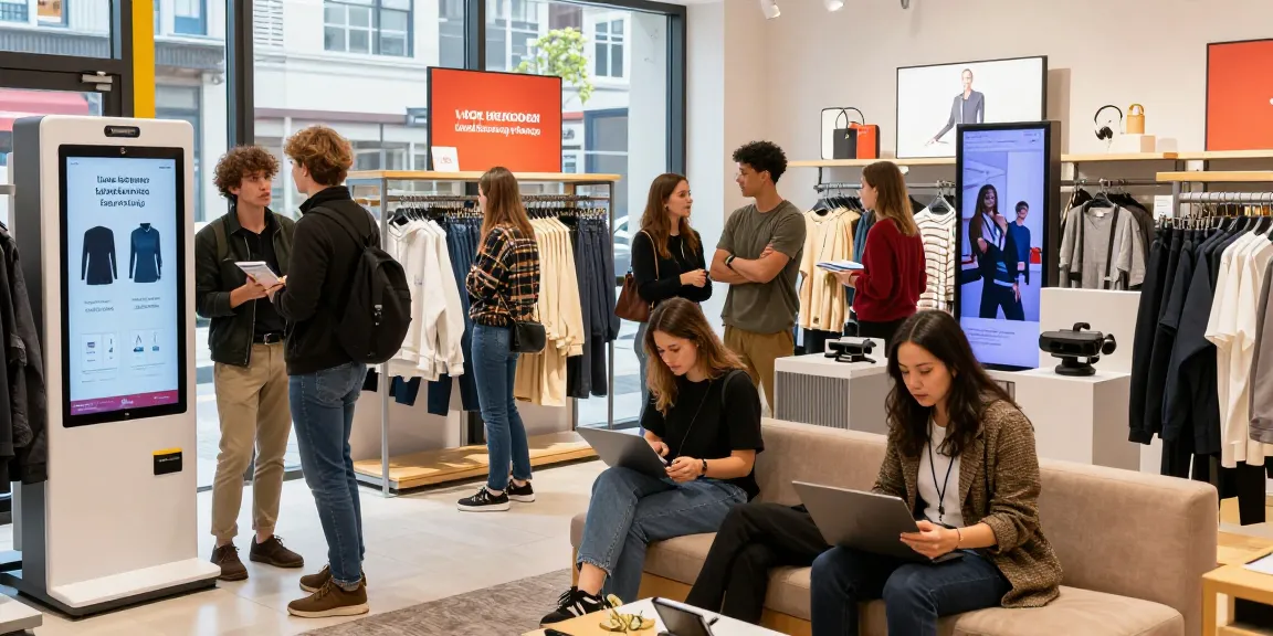 Shoppers interacting with digital kiosk in vibrant e-commerce space showcasing promotions https://forumup.org/shop/search.php?ca_id=&addr1=&addr2=&addr3=&schKeyword=