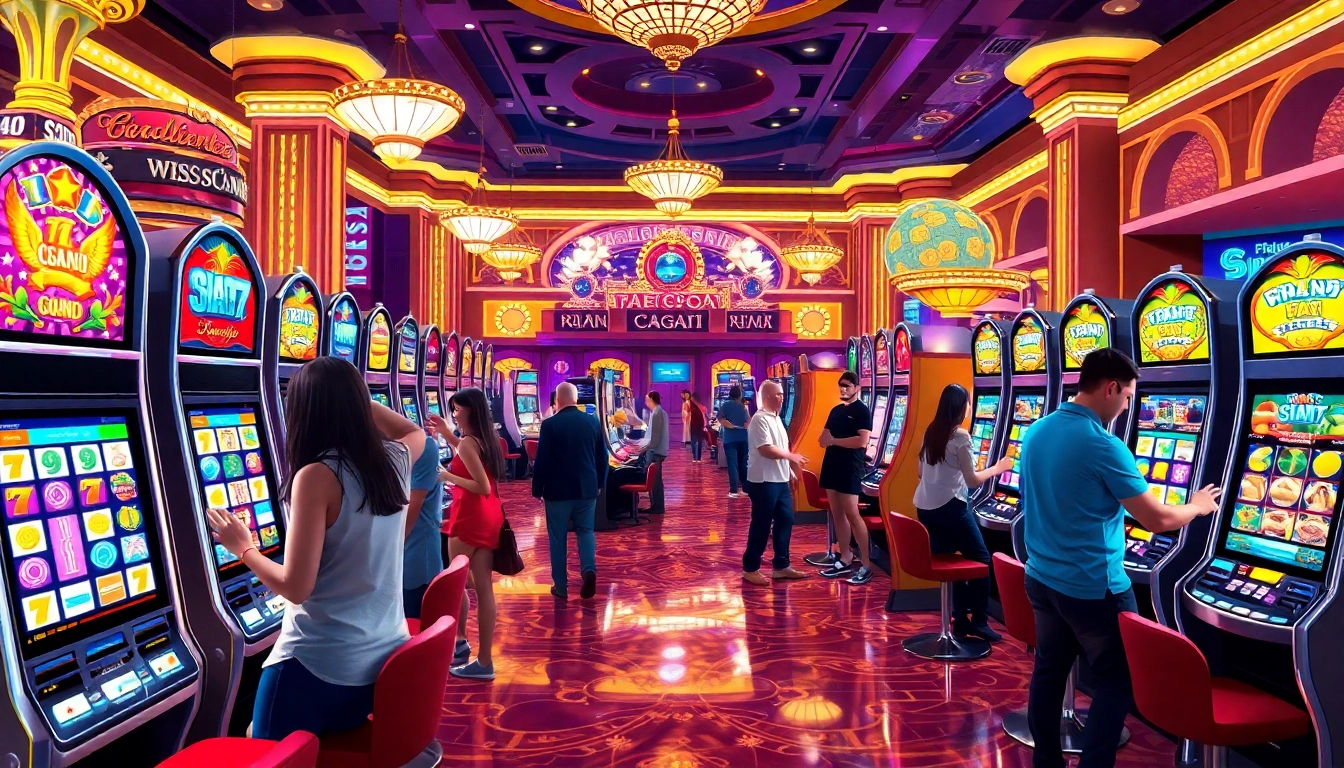 Engaging scene of players at slot online wd cepat machines in a vibrant casino atmosphere.
