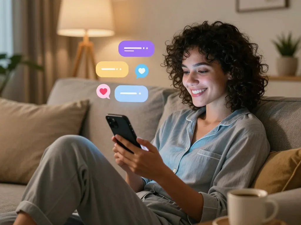 AI girlfriend chat experience in a cozy home setting with engaging digital elements.
