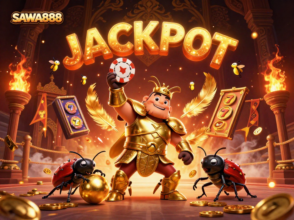 Experience SAWA888's winning moments with a golden beetle and jackpot symbols amidst rich casino elements.