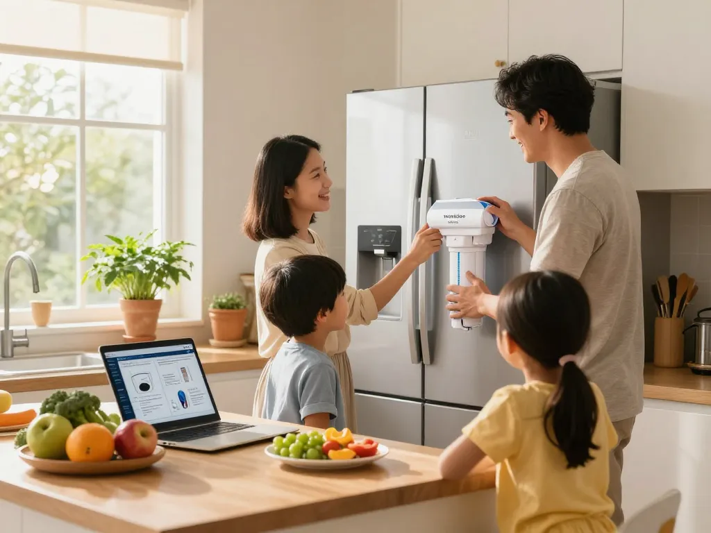 Installing the Waterdrop Maxblue EDR3RXD1 Replacement for 4396841 filter in a bright home kitchen with a family.