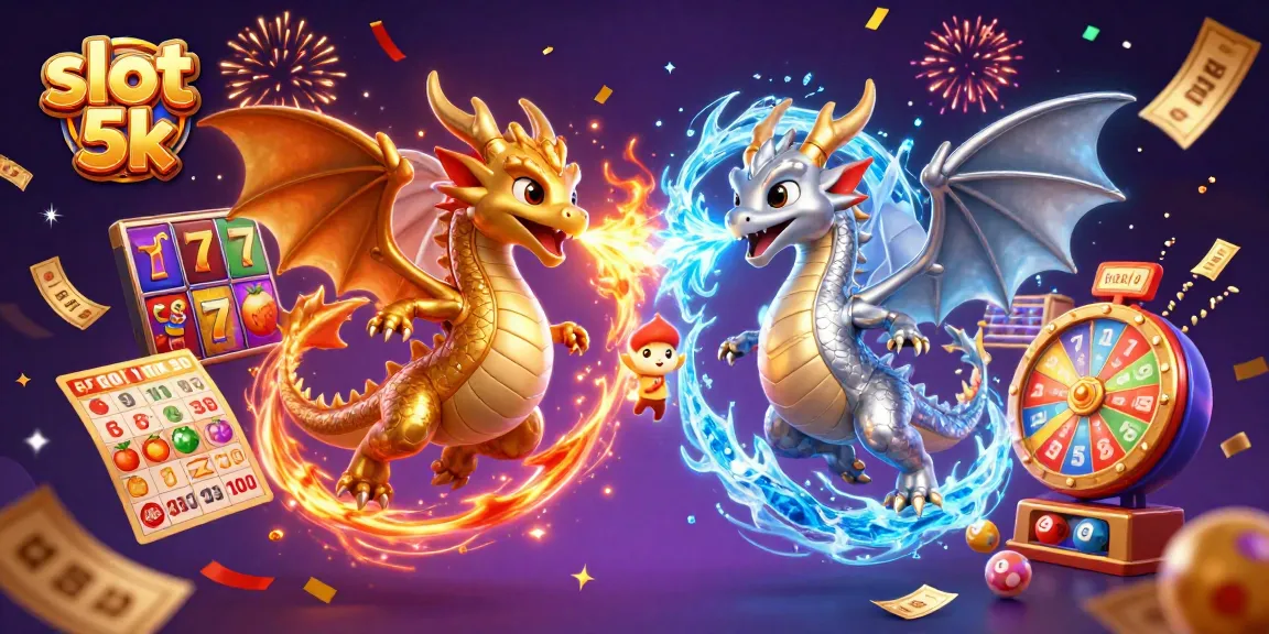 Experience big wins with slot 5k in this vibrant casino scene featuring dragons and dynamic gaming elements.
