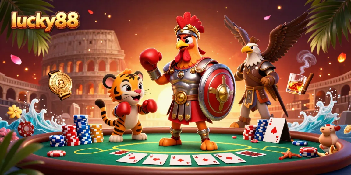 Play poker with lucky88's energized gladiator rooster in a vibrant casino scene.