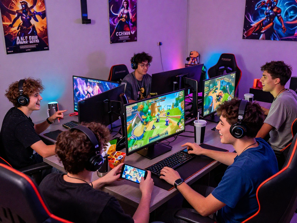Exciting scene of diverse gamers playing sex games online, showcasing the vibrant gaming atmosphere and engagement.