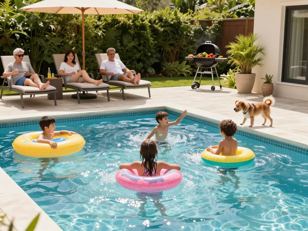 Dolphin Pool Services - family enjoying vibrant summer day by backyard pool with floats and greens