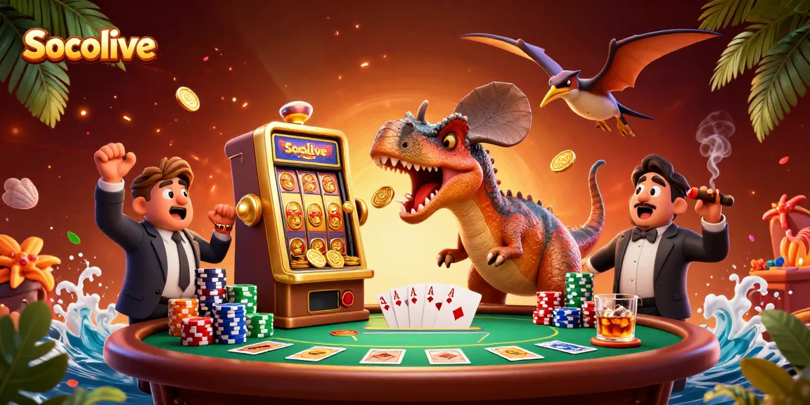 Socolive engages players with thrilling jackpot action, featuring dynamic characters amidst vibrant casino elements.