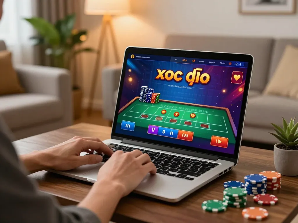 Xóc đĩa game displayed on a laptop in a cozy home setting, emphasizing online gambling experience.
