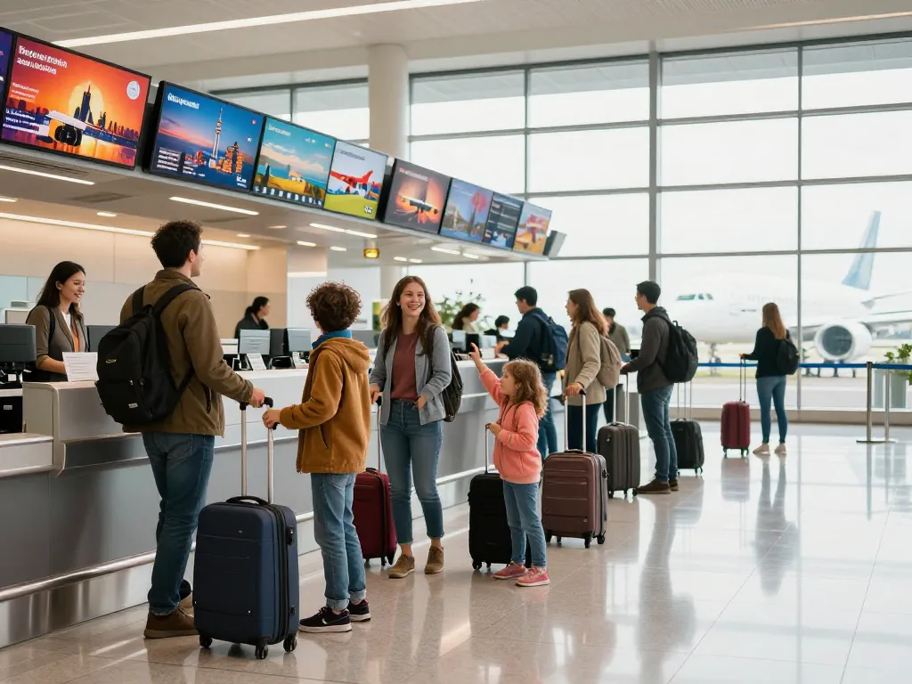 Family excitedly checking in for flights to Newcastle Airport from Halifax