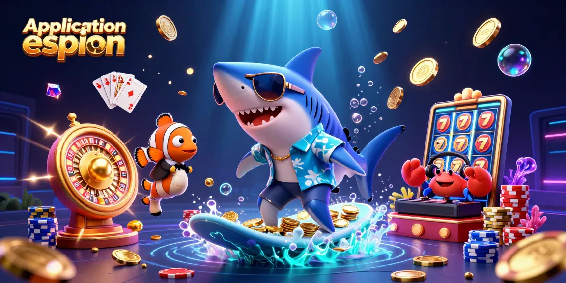 L'application espion collecte des données sur les jeux, illustrée par un requin cartoon sur des pièces d'or, avec des éléments de casino.