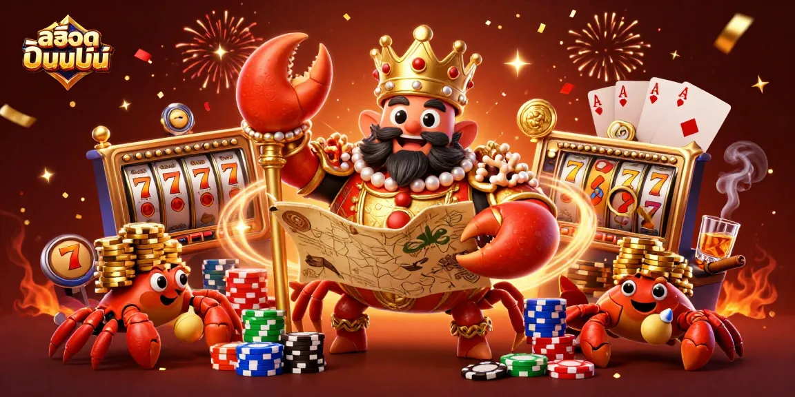Play exciting สล็อตออนไลน์ with a golden crab emperor in a vibrant casino scene filled with treasures.