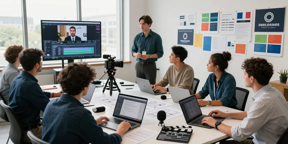 Corporate Video Production team collaborating in bright studio with monitors, cameras, and storyboards.