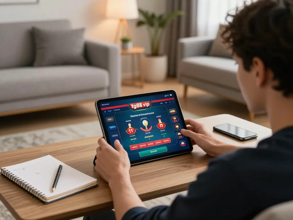 Engaging with tg88 vip on a tablet in a cozy home gaming setup, showcasing strategic gameplay.