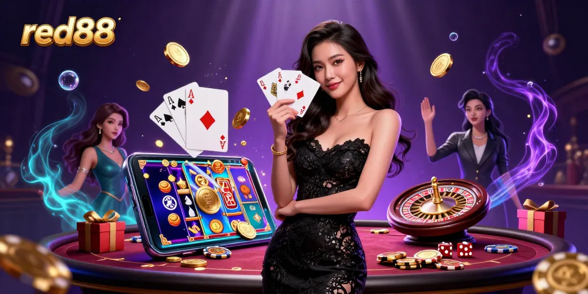 Experience excitement with red88's casino thrills as an elegant player showcases winning cards.