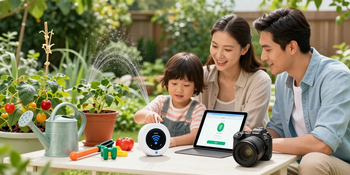 Family setting up the RainPoint WiFi water timer in a vibrant garden