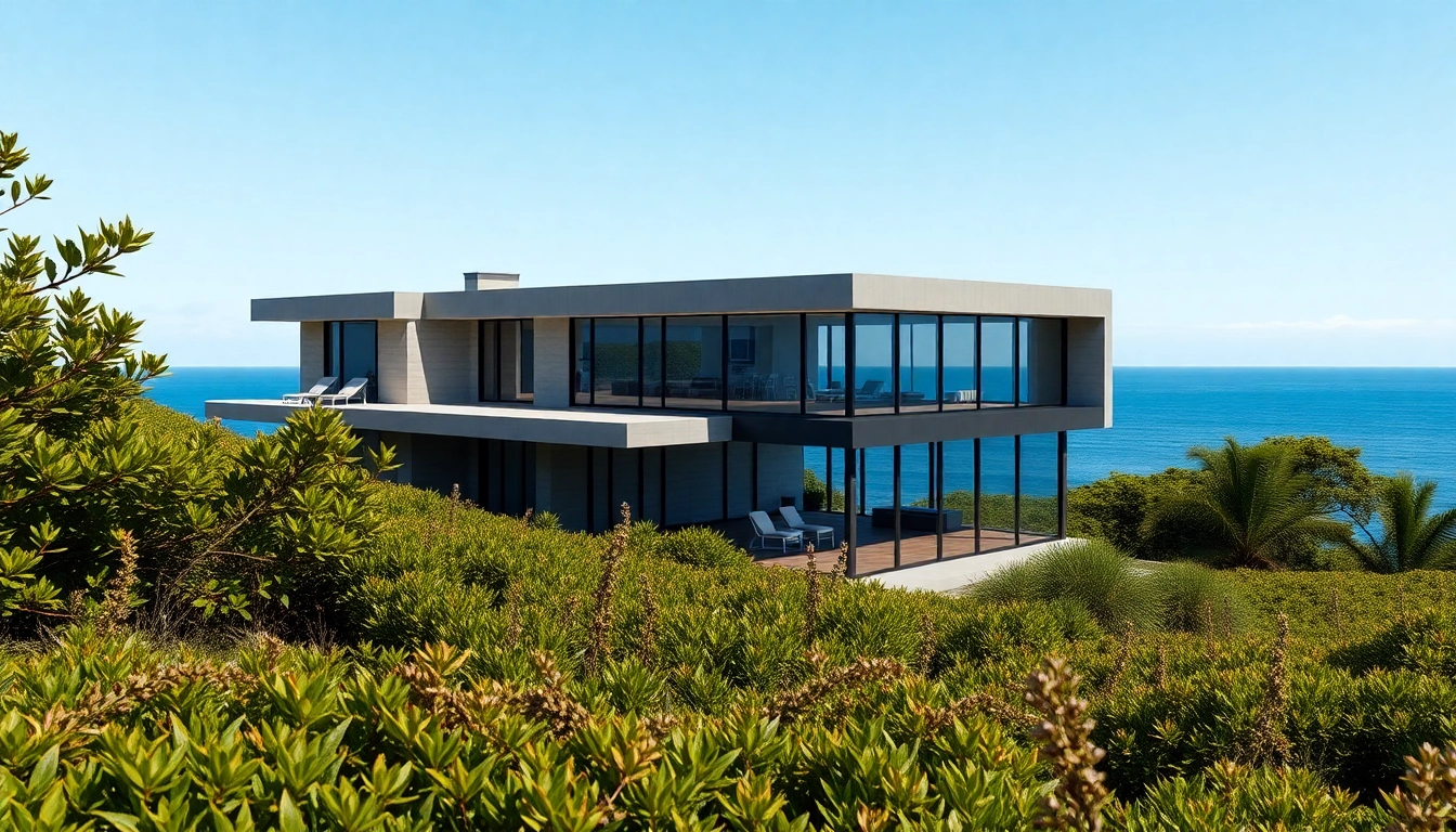 Showcasing the Orleans Cape modern architecture against a coastal backdrop with lush greenery.