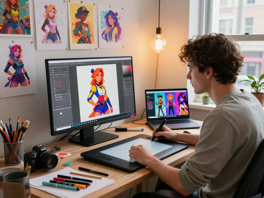 Illustrator designing NSFW AI characters in vibrant studio.