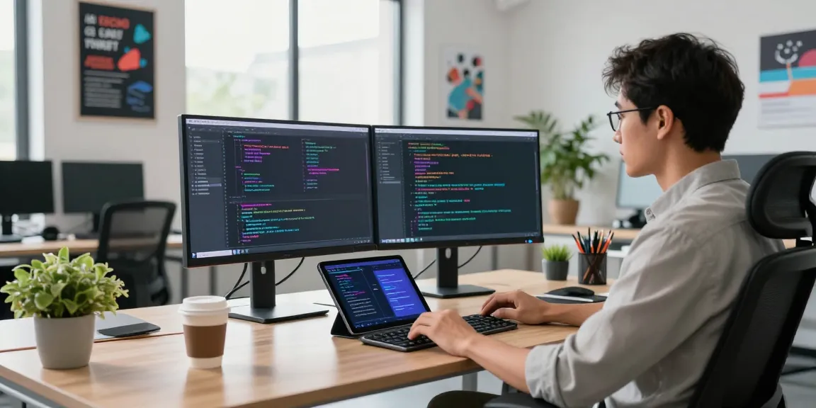 AI prompt image generation in a modern office, showcasing vibrant code and creative workspace.