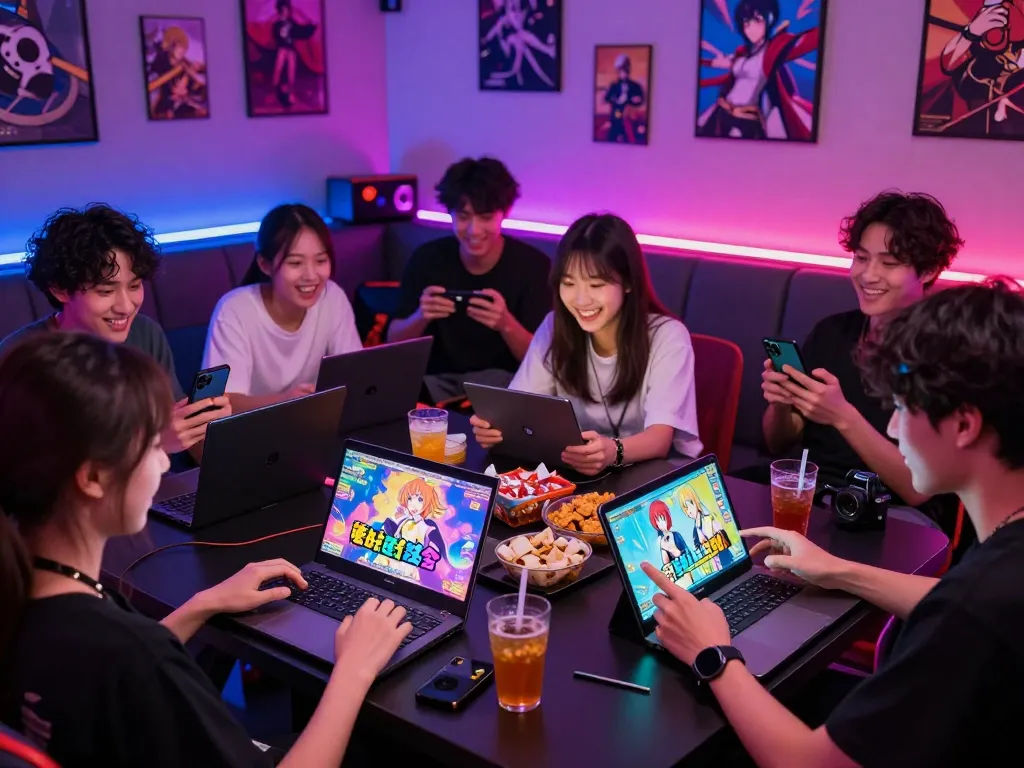 Engaged players exploring degrees of lewdity in a vibrant gaming lounge with devices and colorful game displays.