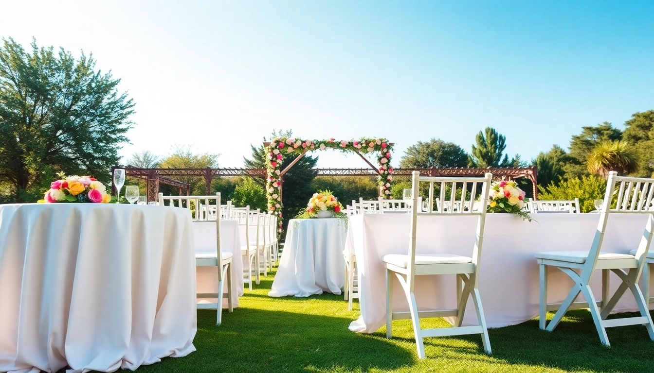 Showcasing elegant chair rentals in a lush outdoor setting with beautiful decor.