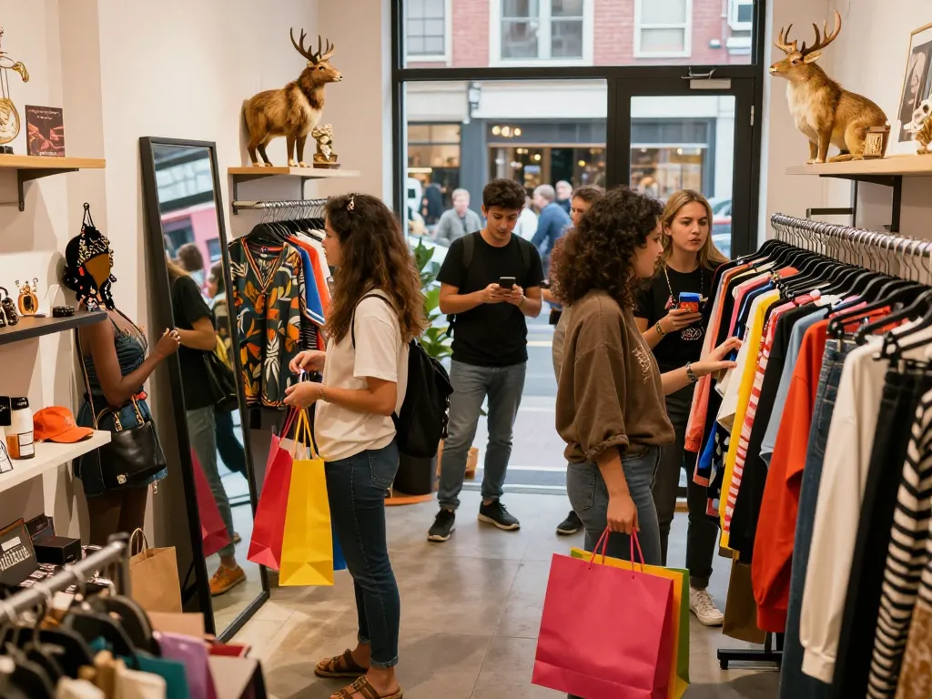 Group of shoppers enjoying a vibrant experience at https://hubet88.icu/ boutique, highlighting new sales and products.