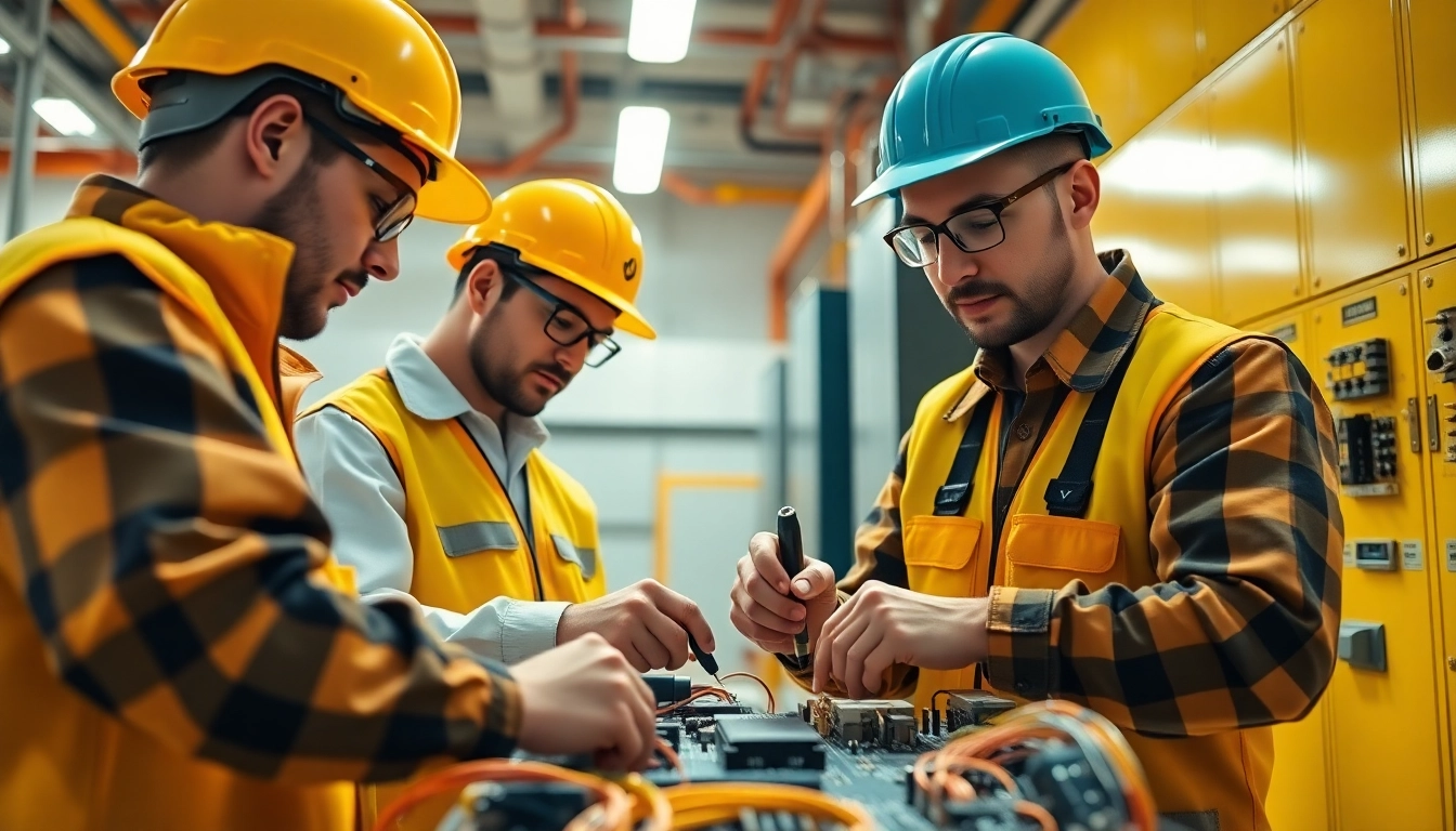 Electricians engaged in hands-on training for electrical apprenticeship in a workshop.