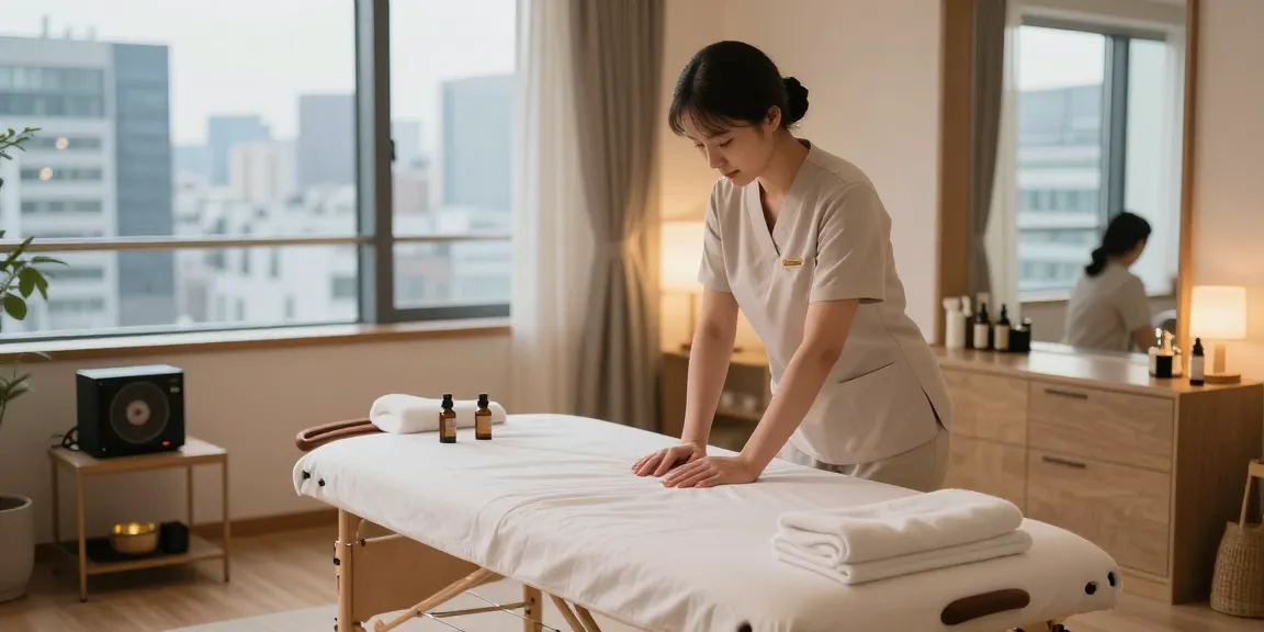 Relaxing 서울출장안마 experience with professional therapist setting up in a bright apartment.