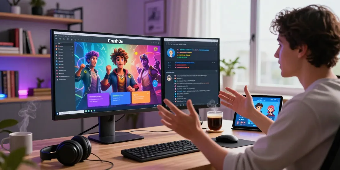 Engaging user exploring CrushonAI in a modern home office with vibrant tech interface.