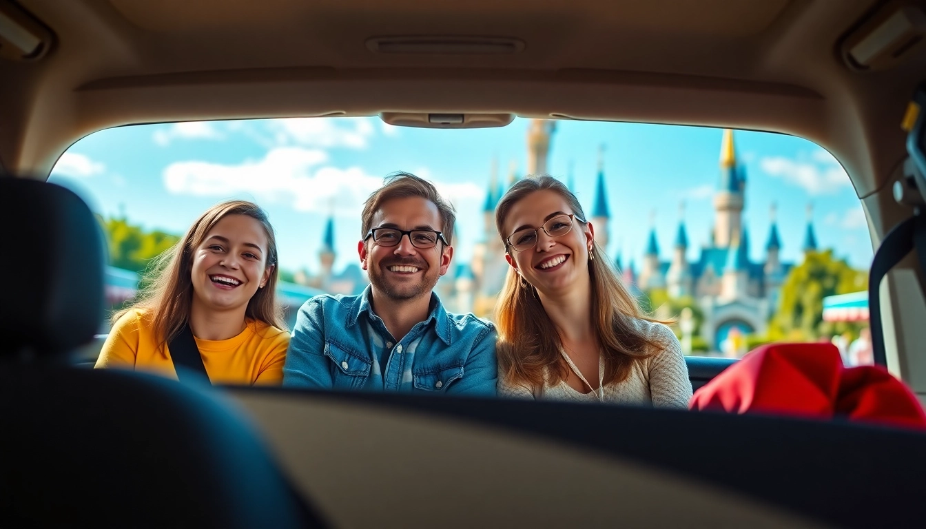 Experience a joyful Beauvais Airport to Disney Transfer with a family in front of Disneyland.