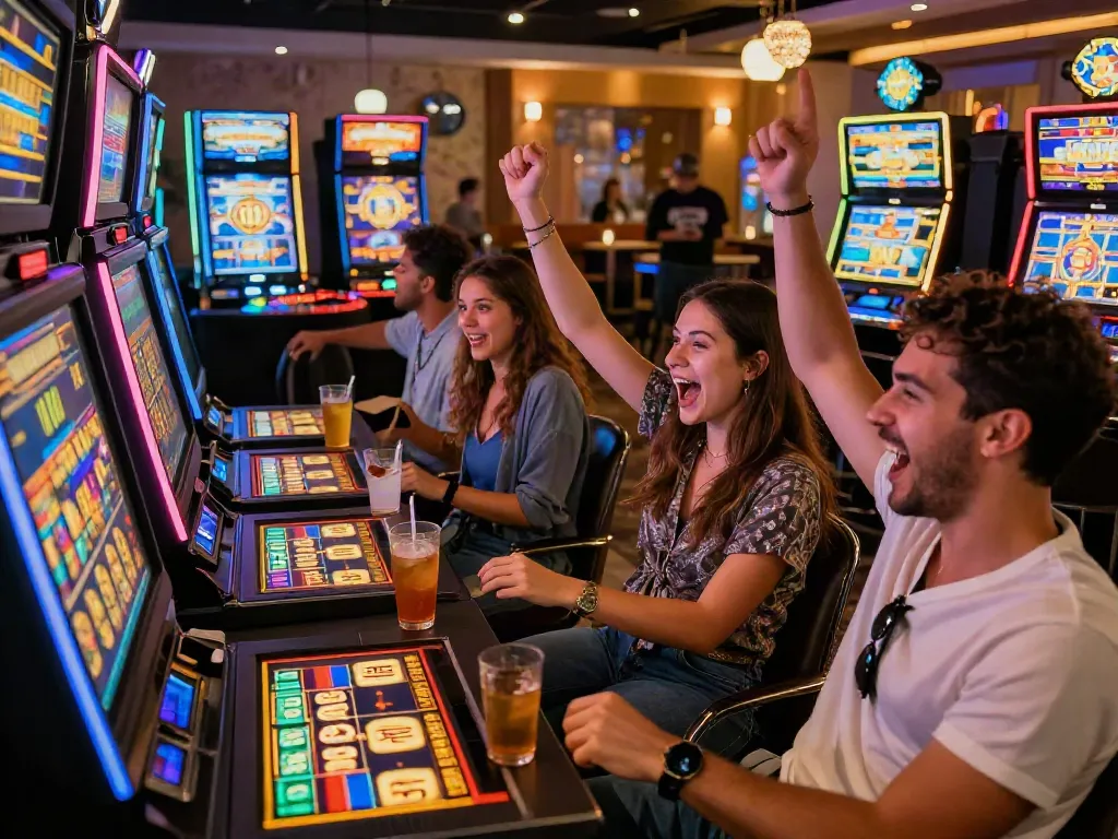 Exciting gaming atmosphere at luxury12 with friends celebrating wins at slots.
