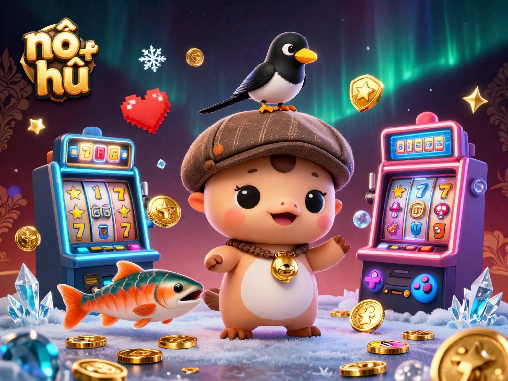 Spin the nổ hũ slot reels with colorful jackpot symbols and animated characters, capturing the thrill of online gaming.