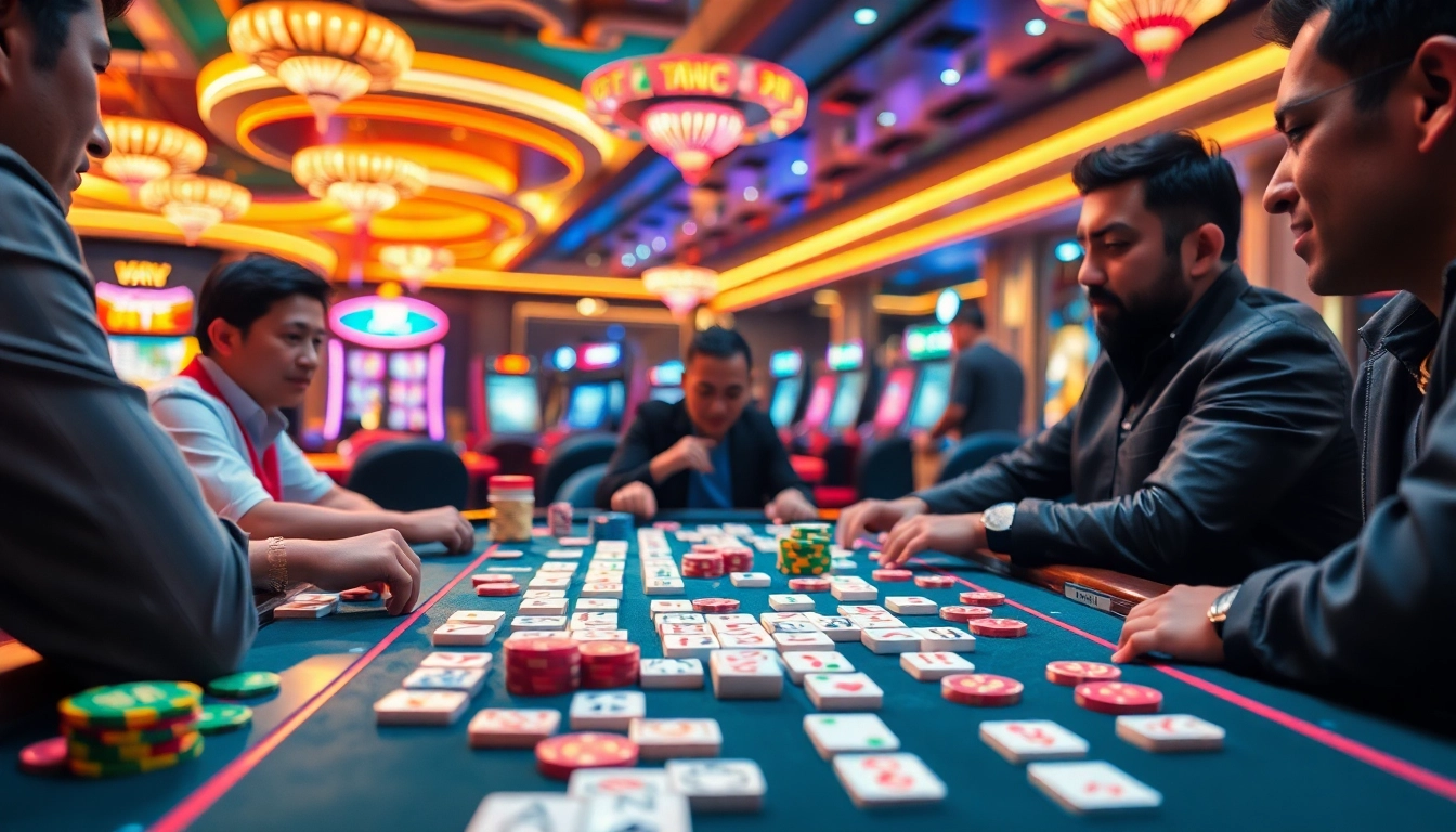 Menangkan demo mahjong di meja kasino yang meriah dengan pemain bersemangat.