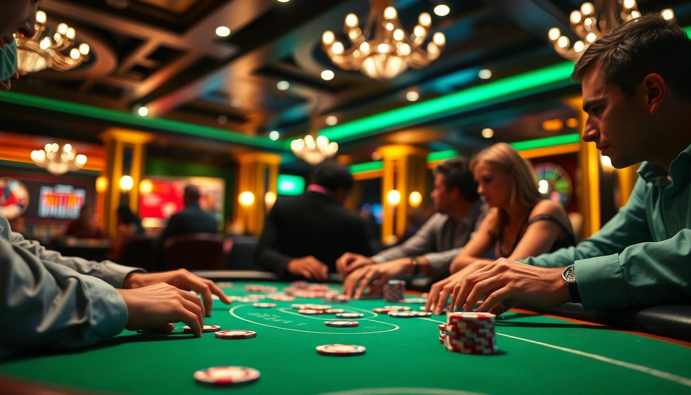 Menggambarkan Akun Depo 5k di tengah meja poker kasino yang penuh semangat.