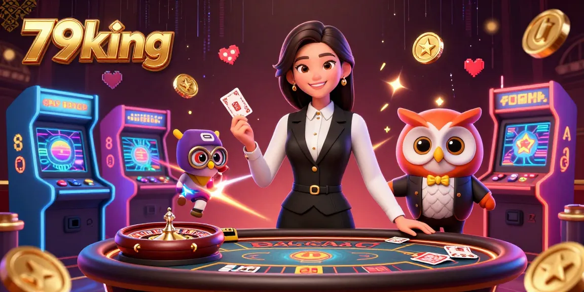 Engage with 79king at a luxury baccarat table with charming dealers and vibrant game elements.