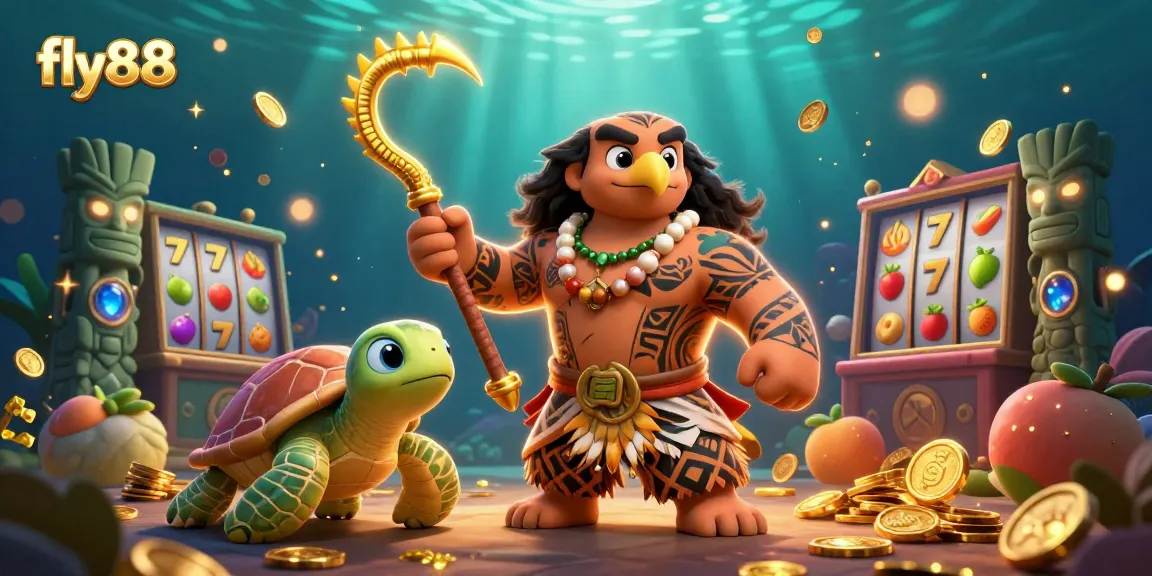 Play exciting slots at fly88 with vibrant reels and a Hawaiian demigod in a beautifully detailed casino scene.