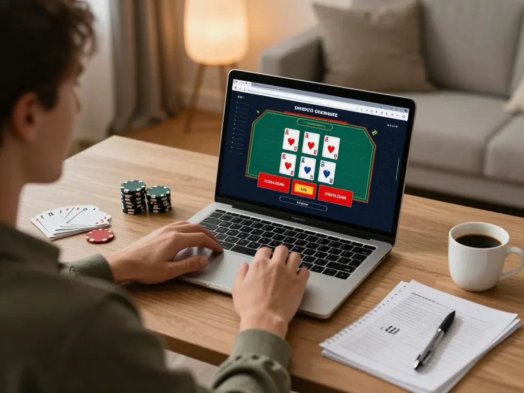 Player engaged in online poker at home using a laptop, enjoying หนังใหม่ชนโรง from the comfort of their space