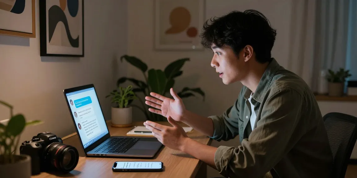 Engaged user exploring nsfw chat ai on laptop in cozy, modern room.