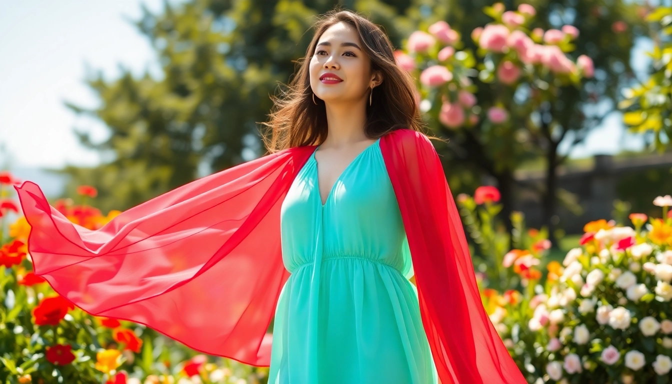 Chiffon jurk onthult elegantie in een zonovergoten tuin vol bloemen.