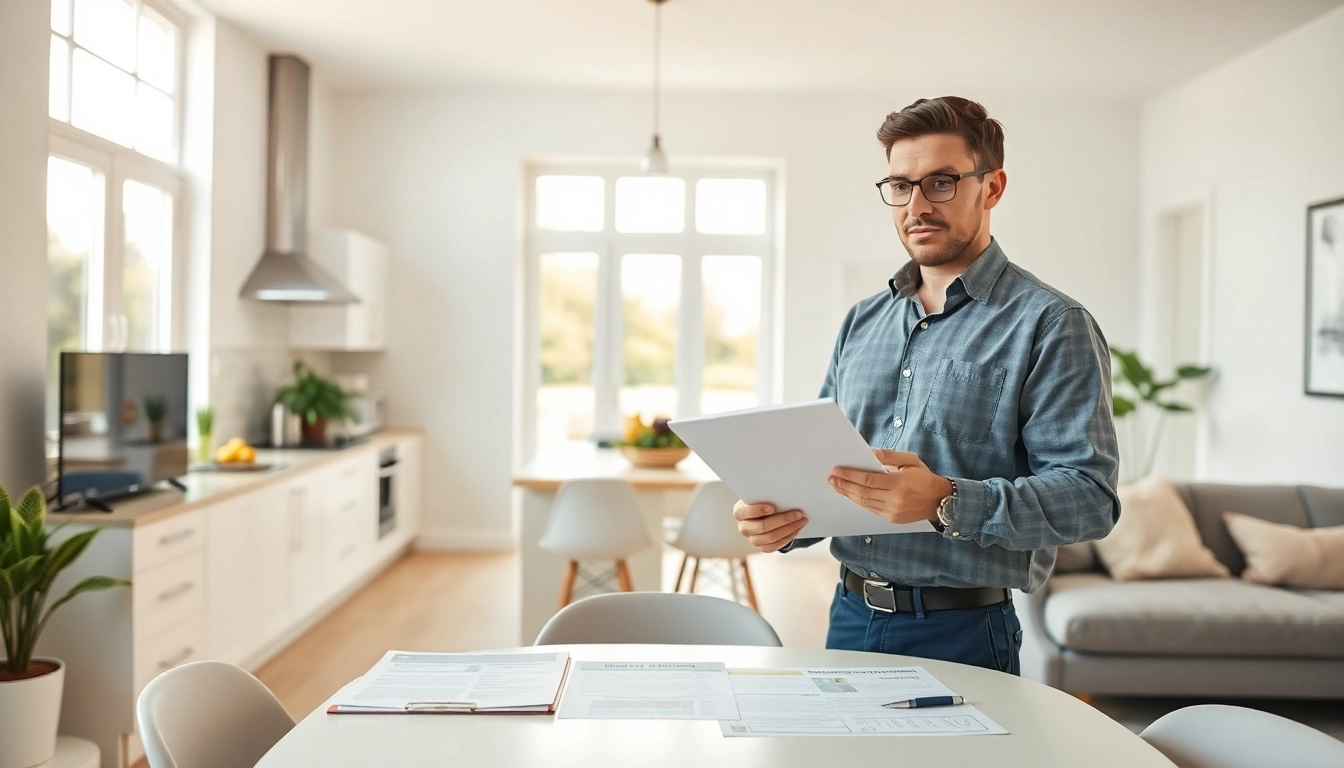 Landlord evaluating home warranty for rental properties in a well-lit home.