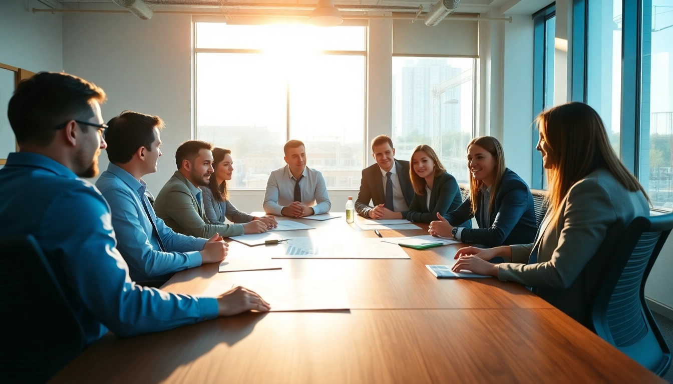 Members of a construction membership association collaborating in a modern conference room.