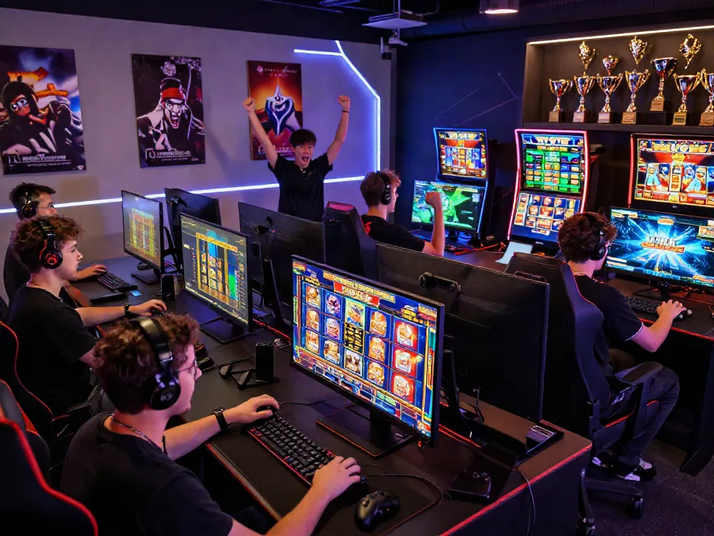 A group of players enjoying diverse slot games in a vibrant online gaming setup, showcasing excitement and camaraderie.