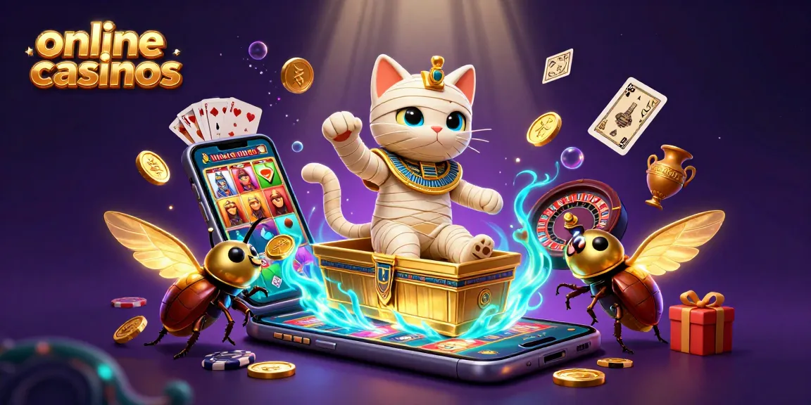 Experience online casinos with an interactive scene of a mummy cat, glowing scarab, and casino elements.
