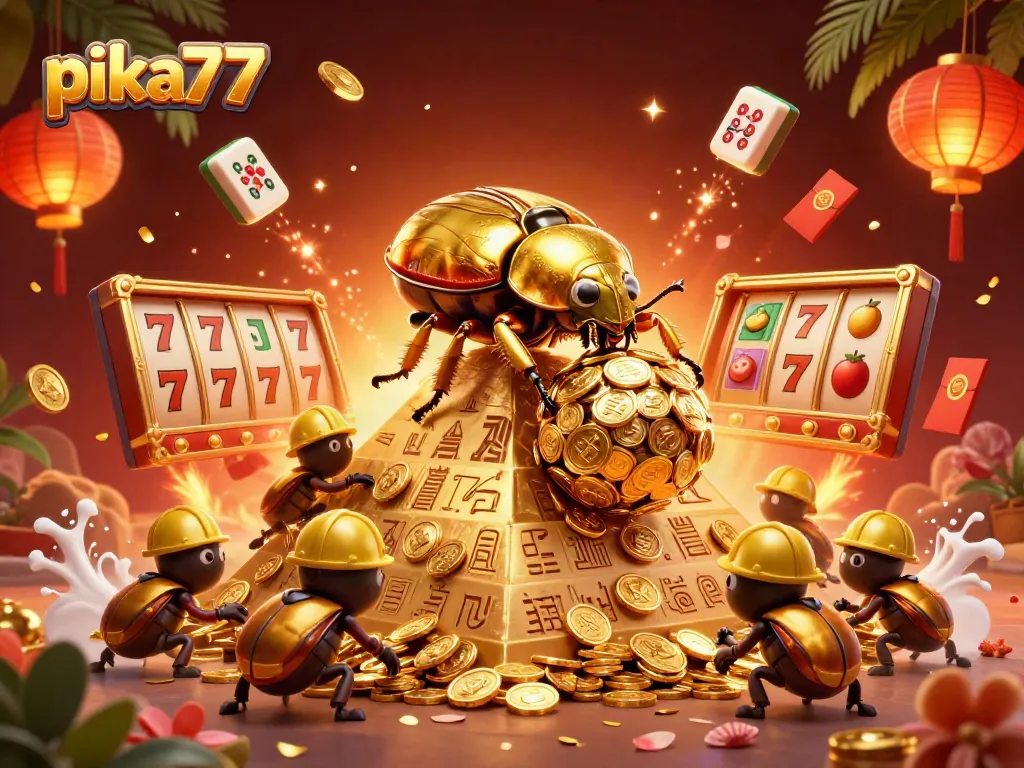 Experience thrilling wins at pika77 with a cartoon illustration of golden dung beetles in a dynamic casino scene.