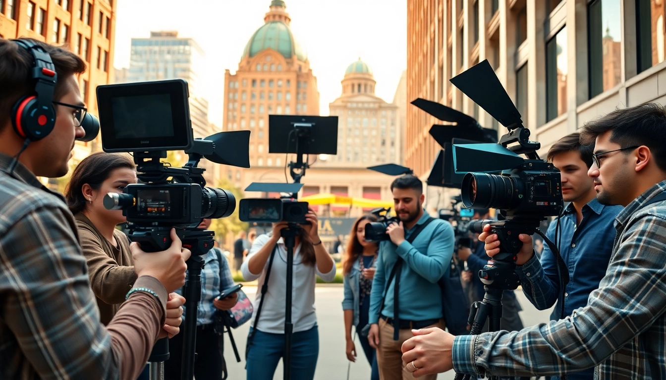 Video production edmonton team collaborating on a vibrant project with professional equipment.