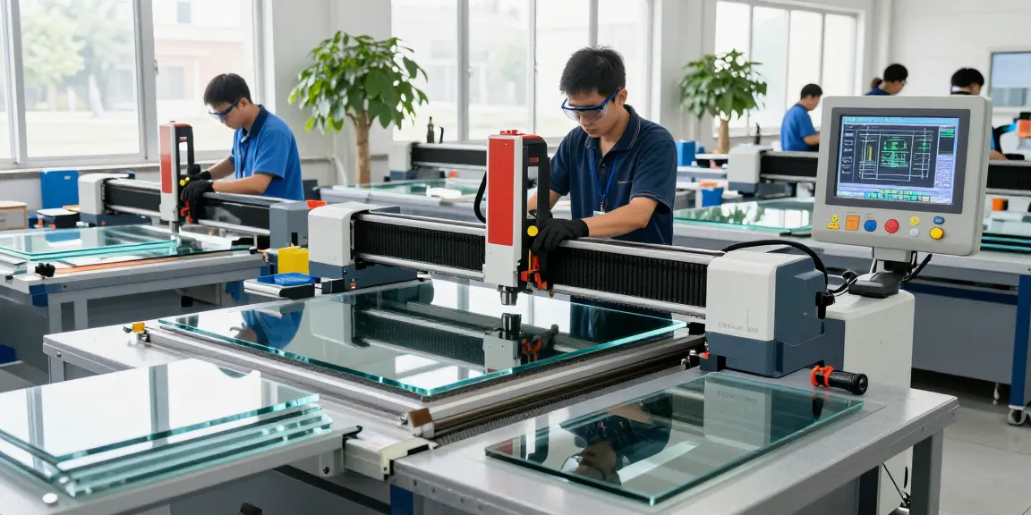 CNC cutting machine glass operation in professional workshop with technicians and modern tools.