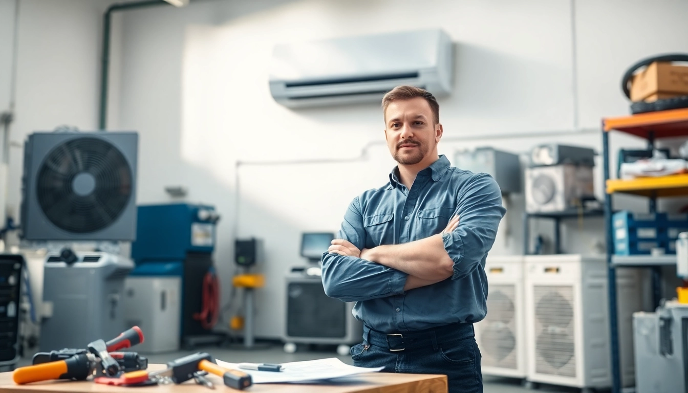 Showcase of HVAC technician training with a professional in a workshop inspecting air conditioning equipment.