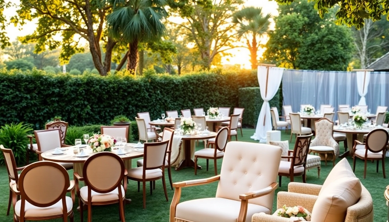Showcase of stylish Chair Rentals set in an elegant outdoor event backdrop.