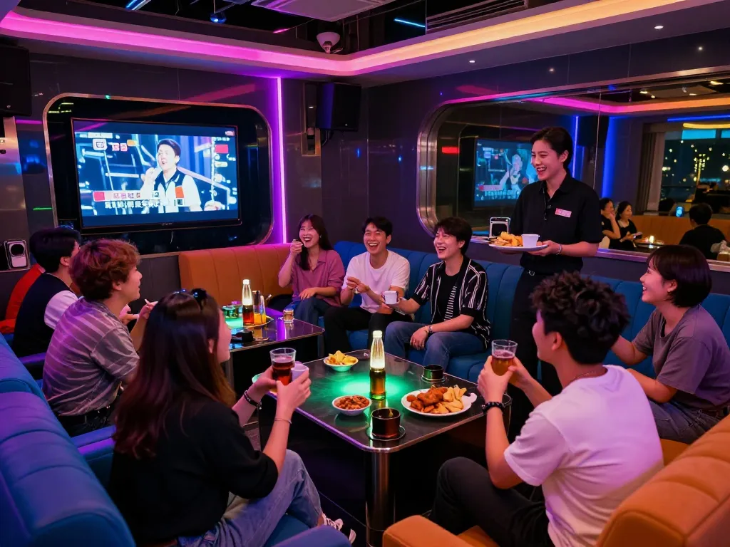 Exciting nightlife at www.gangnamtune.com featuring upscale karaoke rooms with vibrant lighting and lively gatherings.
