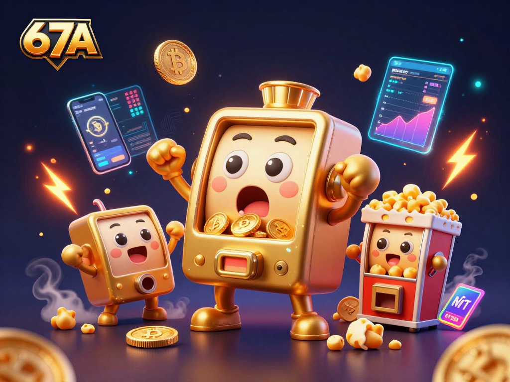 67A: vitória do caça-níqueis dourado com moedas brilhantes e elementos de criptomoeda em cena.